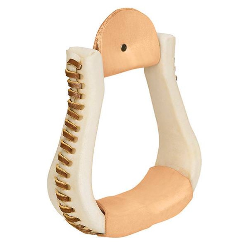 Rawhide Leather Covered Stirrups, Bell, 3″ Neck