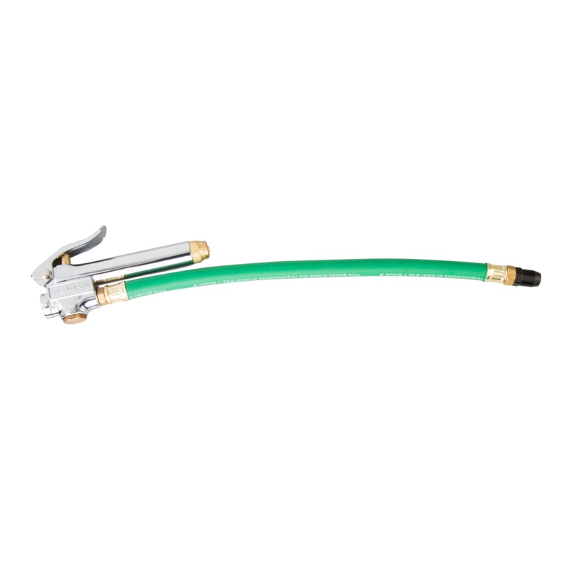 Straight Chuck Tire Inflator with Built-In Gauge and Green 12-Inch Hose