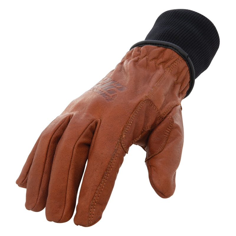 Waterproof Fleece Lined Buffalo Leather Driver Winter Work Glove with Rib Knit Cuff in Russet Brown SM