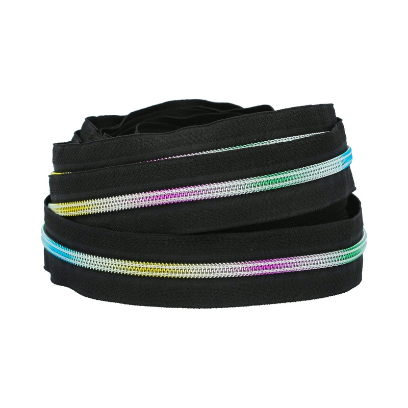 #5 Black, Coil Zipper Tape with Rainbow Teeth, Nylon, #5C-BLK-IR