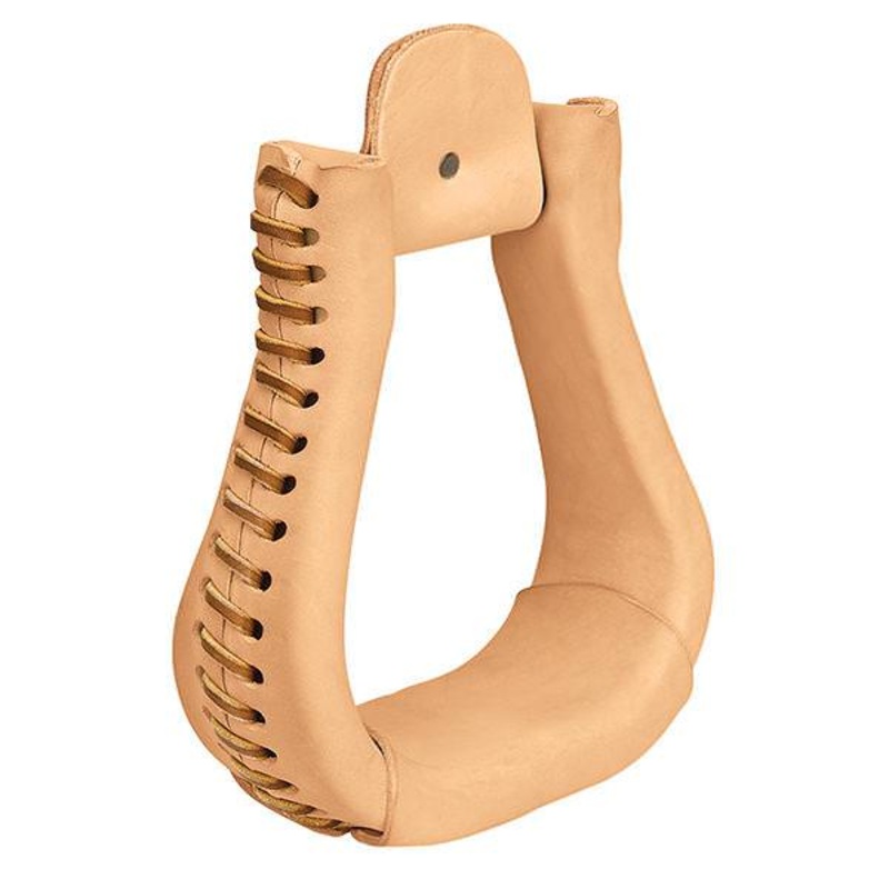 Natural Leather Covered Stirrups, Bell, 2-1/2″ Neck